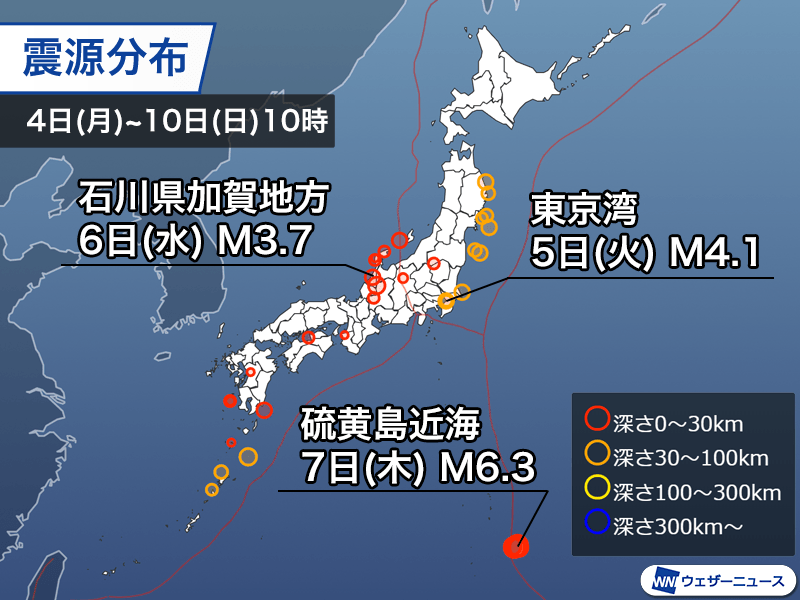 週刊地震情報 2024.11.10　硫黄島近海で地震多発　最大でM6.3の地震も