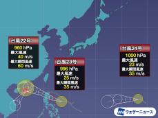 日本の南の海上に3つの台風　さらに別の熱帯低気圧も発生