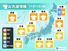 11月11日(月)の洗濯天気予報　関東など段々と天気回復