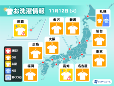 11月12日(火)の洗濯天気予報　北日本は早めに取り込んで