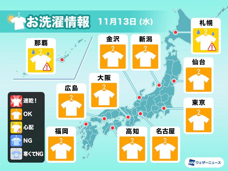 11月13日(水)の洗濯天気予報　広範囲で晴れて洗濯日和