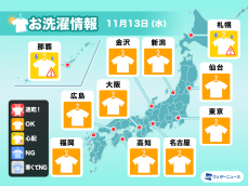 11月13日(水)の洗濯天気予報　広範囲で晴れて洗濯日和