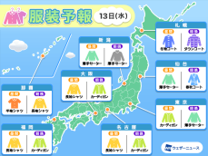 11月13日(水)　各地の気温変化と最適な服装