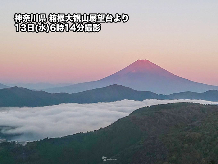 朝焼けに赤く染まる富士山　箱根・芦ノ湖の雲海とのコラボレーション