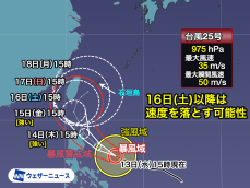 台風25号(ウサギ)は台湾の南で速度落とす　沖縄・先島への影響に注意