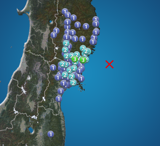 宮城県沖でM4.3の地震 岩手県・宮城県で震度3 津波の心配なし