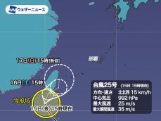 台風25号(ウサギ)はさらに衰弱　沖縄は暖湿気の影響で強雨のおそれ