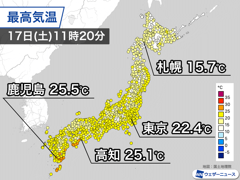 寒冷前線に暖気が流れ込み気温上昇　西日本太平洋側で午前中から夏日