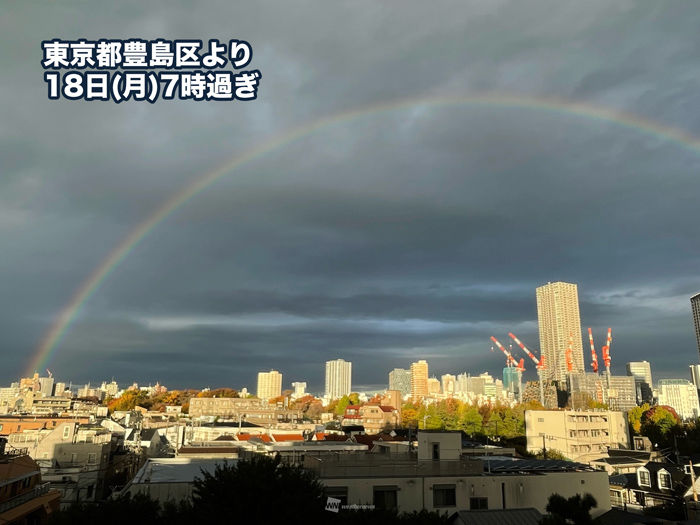 東京都など関東南部の空に朝虹　雨はだんだんと止む傾向