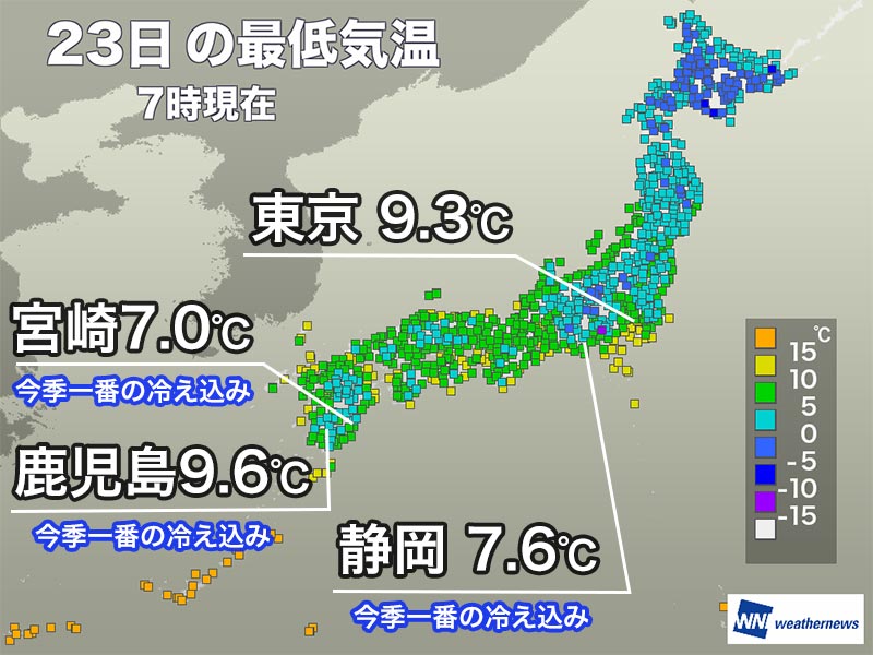 西日本太平洋側や静岡で今季一番の冷え込み　寒気南下で寒い一日に