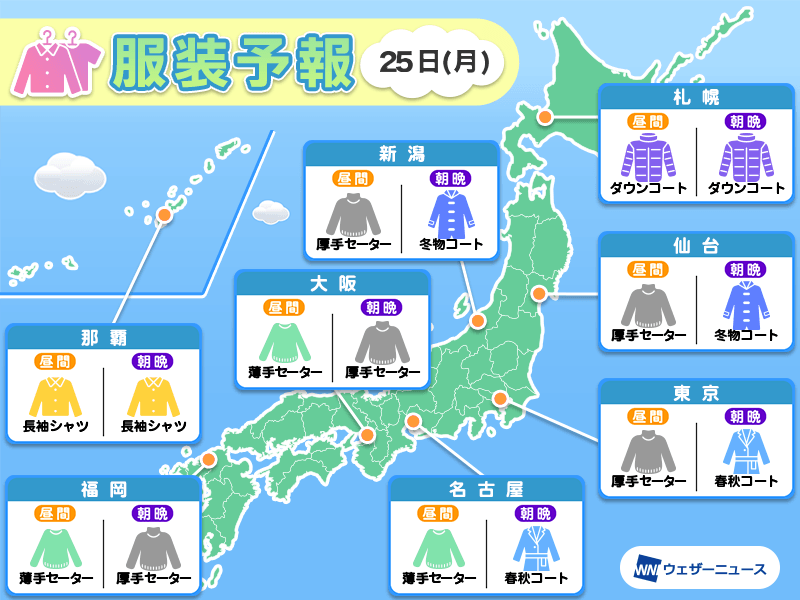 11月25日(月)　各地の気温変化と最適な服装