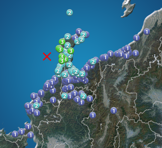 石川県で震度3の地震発生