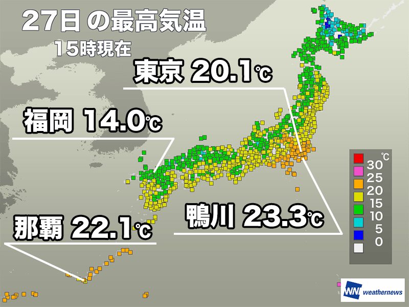 東京都心は10日ぶりに20℃到達　日本海側は昼間も気温上がらず