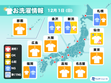 12月1日(日)の洗濯天気予報　午後は外干し心配な所も