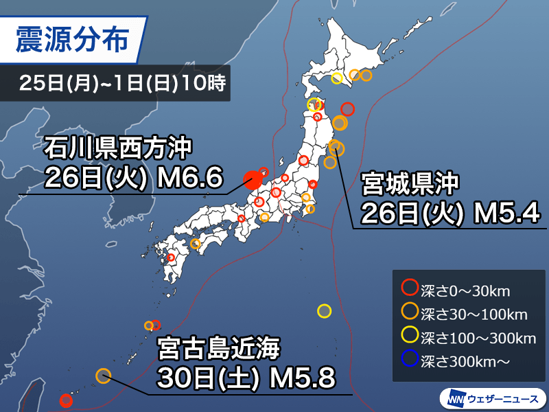 週刊地震情報 2024.12.1　石川県西方沖でM6.6　能登半島地震の活動領域の西で発生