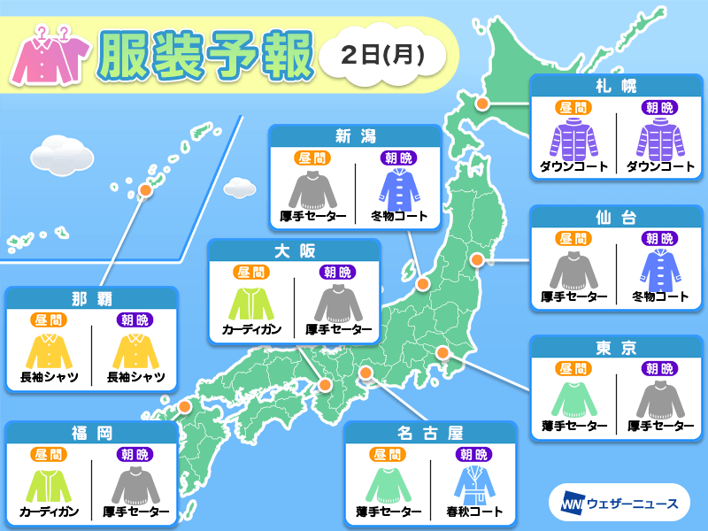 12月2日(月)　各地の気温変化と最適な服装