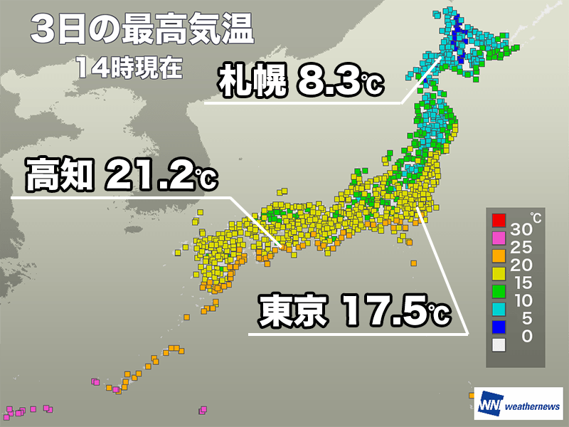 関東以西の太平洋側で20℃超の暖かさ　明日は北日本で寒さ戻る