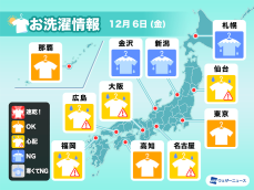 12月6日(金)の洗濯天気予報　太平洋側は空模様に注意