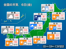 今日6日(金)の天気予報 北日本や北陸は荒天のおそれ　関東は冬晴れ