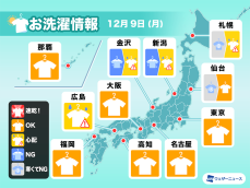 12月9日(月)の洗濯天気予報　太平洋側は空気乾燥　布団干しもOK