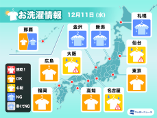 12月11日(水)の洗濯天気予報　太平洋側も一部にわか雨の可能性