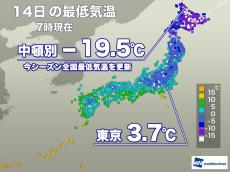 強い冷え込み　中頓別で今季最低の−19.5℃　西日本で気温が下がる予想