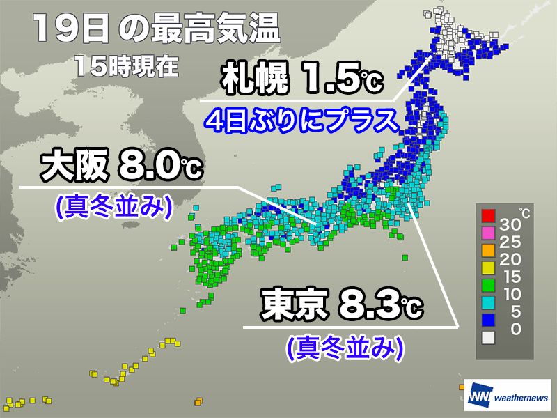 東京や大阪は最高気温が10℃届かず　明日朝は強い冷え込みに