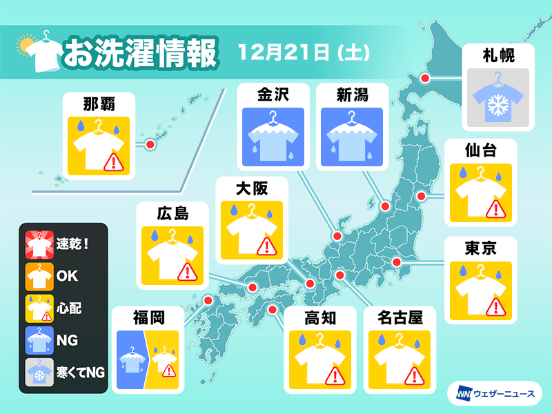 12月21日(土)の洗濯天気予報　日差し届いても油断できない天気