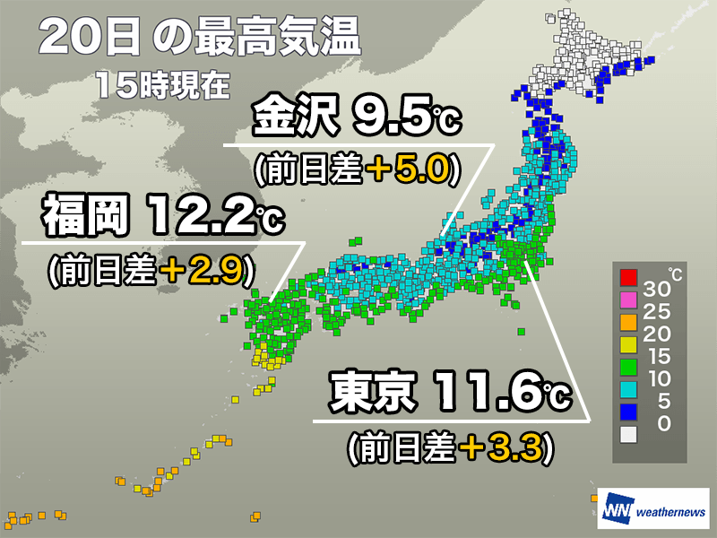 関東など寒さが少し和らぐ　明日はさらに気温上昇する所も