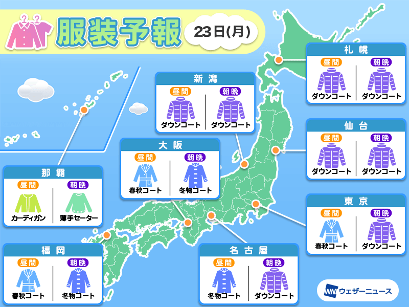 12月23日(月)　各地の気温変化と最適な服装