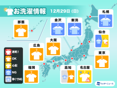 12月29日(日)の洗濯天気予報　関東は雨の心配なく外干しOK