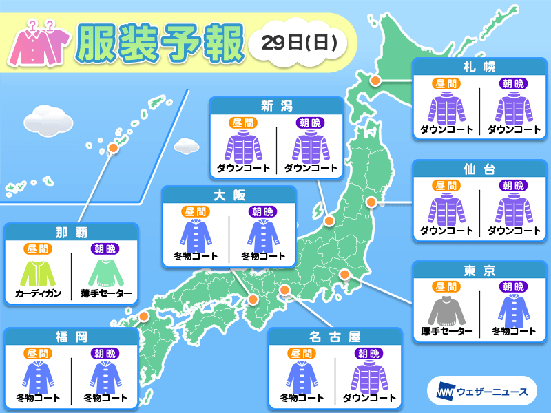 12月29日(日)　各地の気温変化と最適な服装