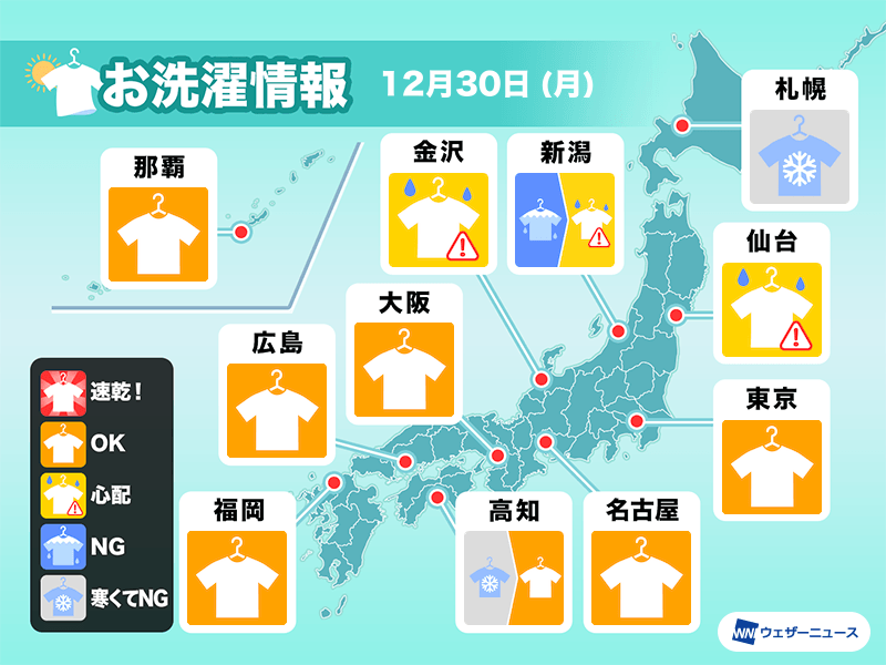 12月30日(月)の洗濯天気予報　東日本や西日本は広く外干しOK