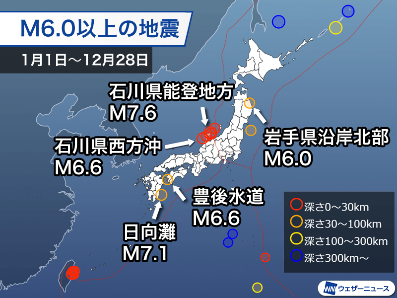 週刊地震情報・年末拡大版　能登半島地震が2024年の世界最大　東アジアで被害地震目立つ