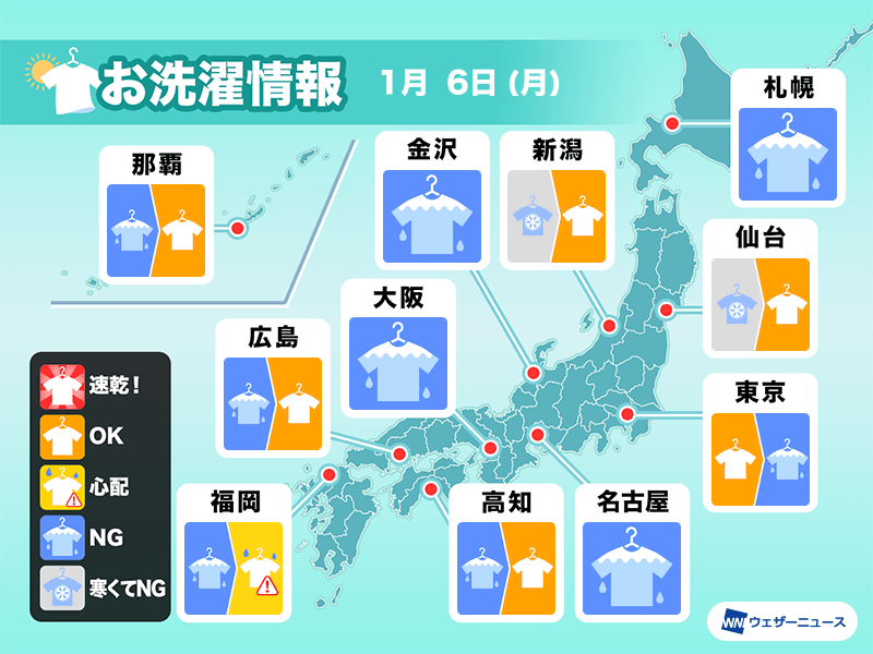 1月6日(月)の洗濯天気予報　全国的に部屋干しの一日