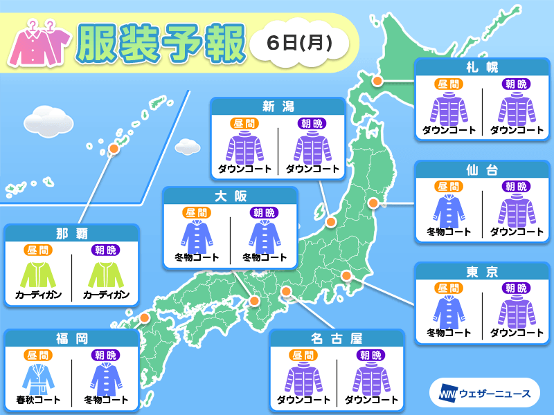 1月6日(月)　各地の気温変化と最適な服装