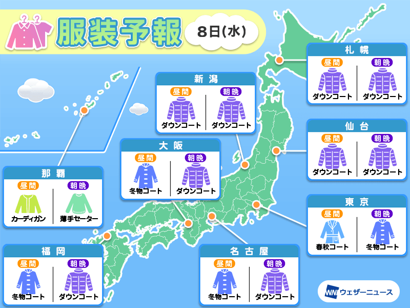 1月7日(火)　各地の気温変化と最適な服装