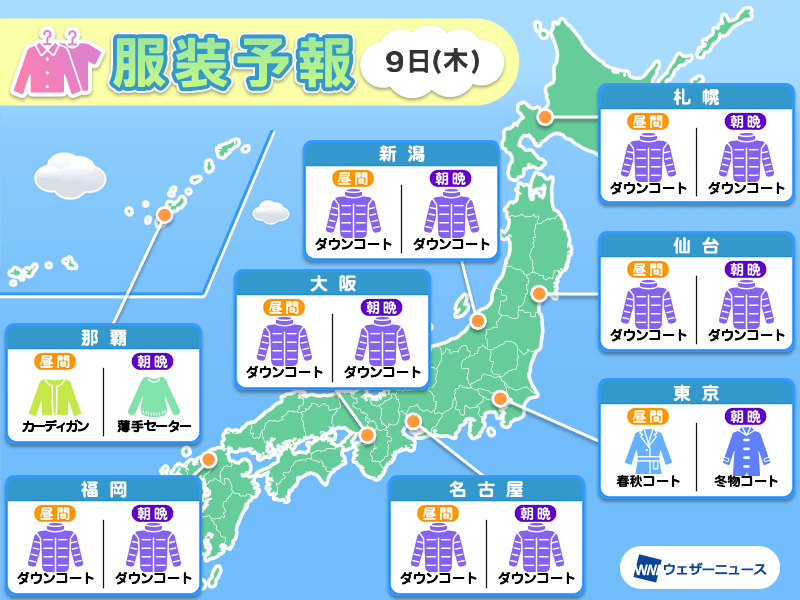 1月9日(木)　各地の気温変化と最適な服装