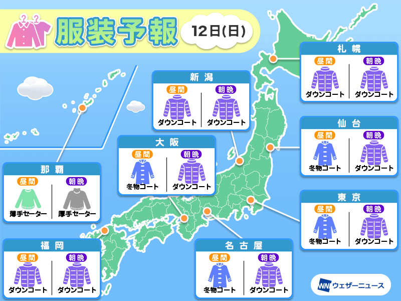 1月12日(日)　各地の気温変化と最適な服装