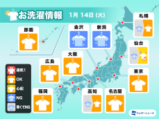 1月14日(火)の洗濯天気予報　太平洋側は洗濯物よく乾く