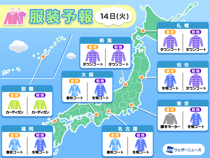 1月14日(火)　各地の気温変化と最適な服装