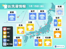 1月15日(水)の洗濯天気予報　関東は暖かな日差しで良く乾く