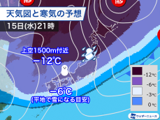 明日から冬型強まり日本海側で大雪　16日(木)夜は短時間に積雪急増のおそれ