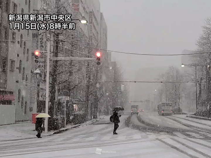 新潟市内は雪に変わり積雪急増　そのほかの北陸市街地も今夜は雪