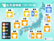 1月17日(金)の洗濯天気予報　外干しは強い風にも注意