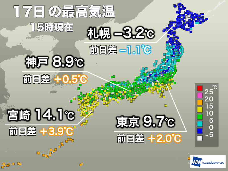 北日本や北陸を中心に真冬の寒さ　関東や九州は昨日より気温上昇