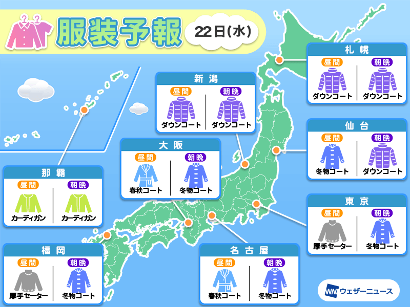 1月22日(水)　各地の気温変化と最適な服装