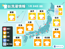 1月24日(金)の洗濯天気予報　関東以西は広く外干しOK