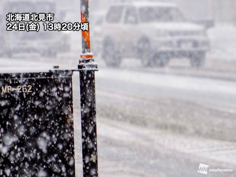 北海道のオホーツク海側でも雪が強まる　湿った雪で着雪注意