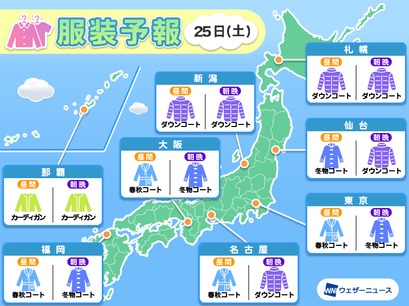 1月25日(土)　各地の気温変化と最適な服装